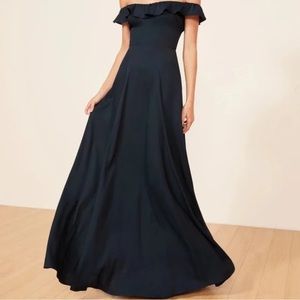 Reformation Verbana navy blue square neck off shoulder ruffle evening gown maxi